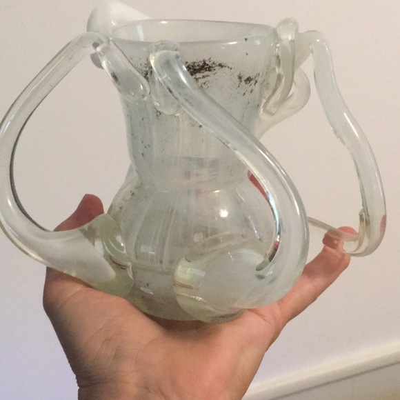 5” tall Handblown vintage one-of-a-kind white milky clear metal fleck heavy vase - Picture 16 of 17